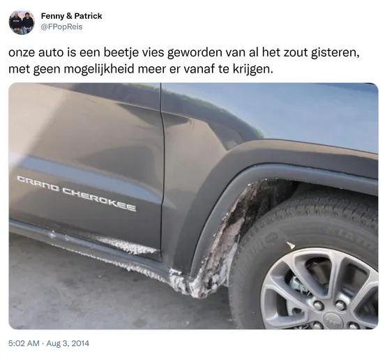 onze auto is een beetje vies geworden van al het zout gisteren, met geen mogelijkheid meer er vanaf te krijgen. http://t.co/Bco93QyJfw