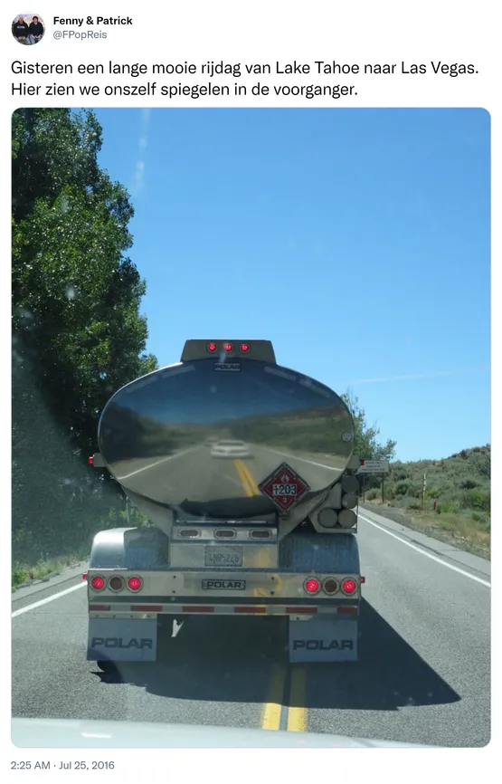 Gisteren een lange mooie rijdag van Lake Tahoe naar Las Vegas. Hier zien we onszelf spiegelen in de voorganger. https://t.co/TqmX4kqTcJ
