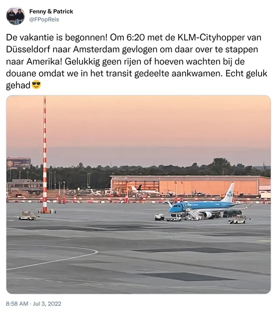 De vakantie is begonnen! Om 6:20 met de KLM-Cityhopper van Düsseldorf naar Amsterdam gevlogen om daar over te stappen naar Amerika! Gelukkig geen rijen of hoeven wachten bij de douane omdat we in het transit gedeelte aankwamen. Echt geluk gehad😎 https://t.co/O89V5QVMYp
