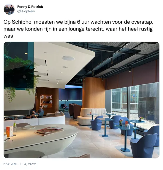 Op Schiphol moesten we bijna 6 uur wachten voor de overstap, maar we konden fijn in een lounge terecht, waar het heel rustig was https://t.co/ON6ihOY7Jd
