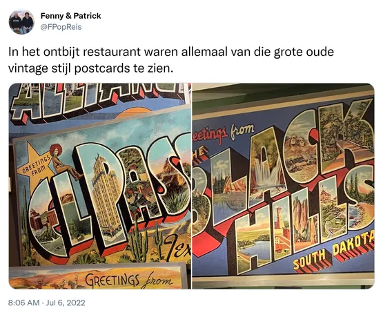 In het ontbijt restaurant waren allemaal van die grote oude vintage stijl postcards te zien. https://t.co/hgUIqtlWnQ
